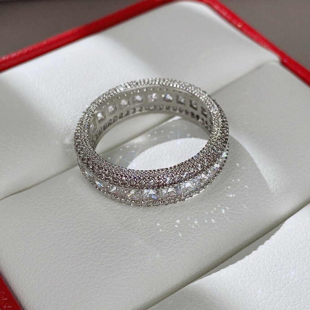 925 Sterling Silver Diamond Eternity Ring Band Wedding Statement Ring - Picture 6 of 7